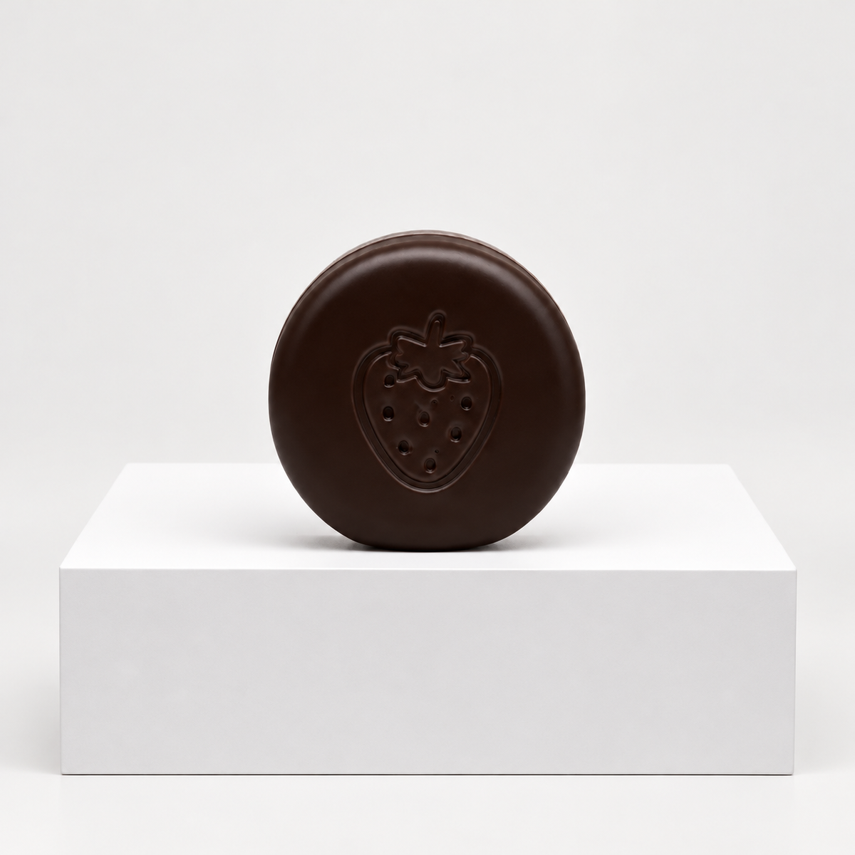 Brown round Nunu strawberry-chocolate toy with embossed strawberry, front view