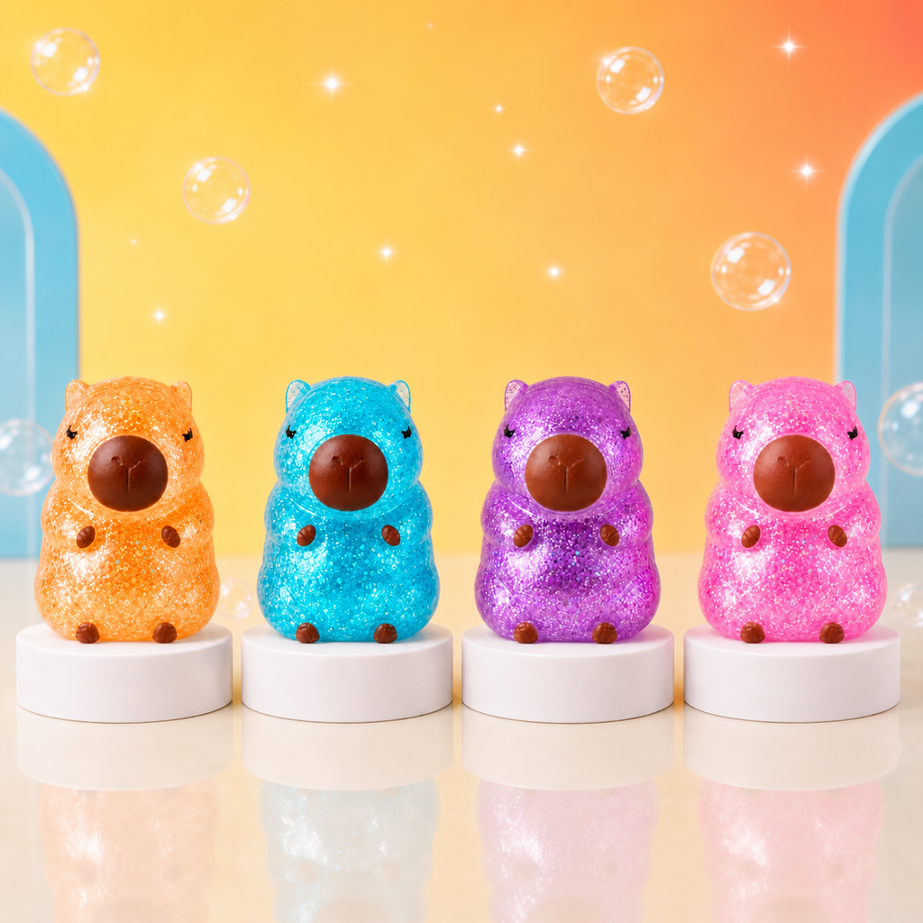 Orange, blue, purple and pink ORB Sugar Capybara glitter squishies on white podiums
