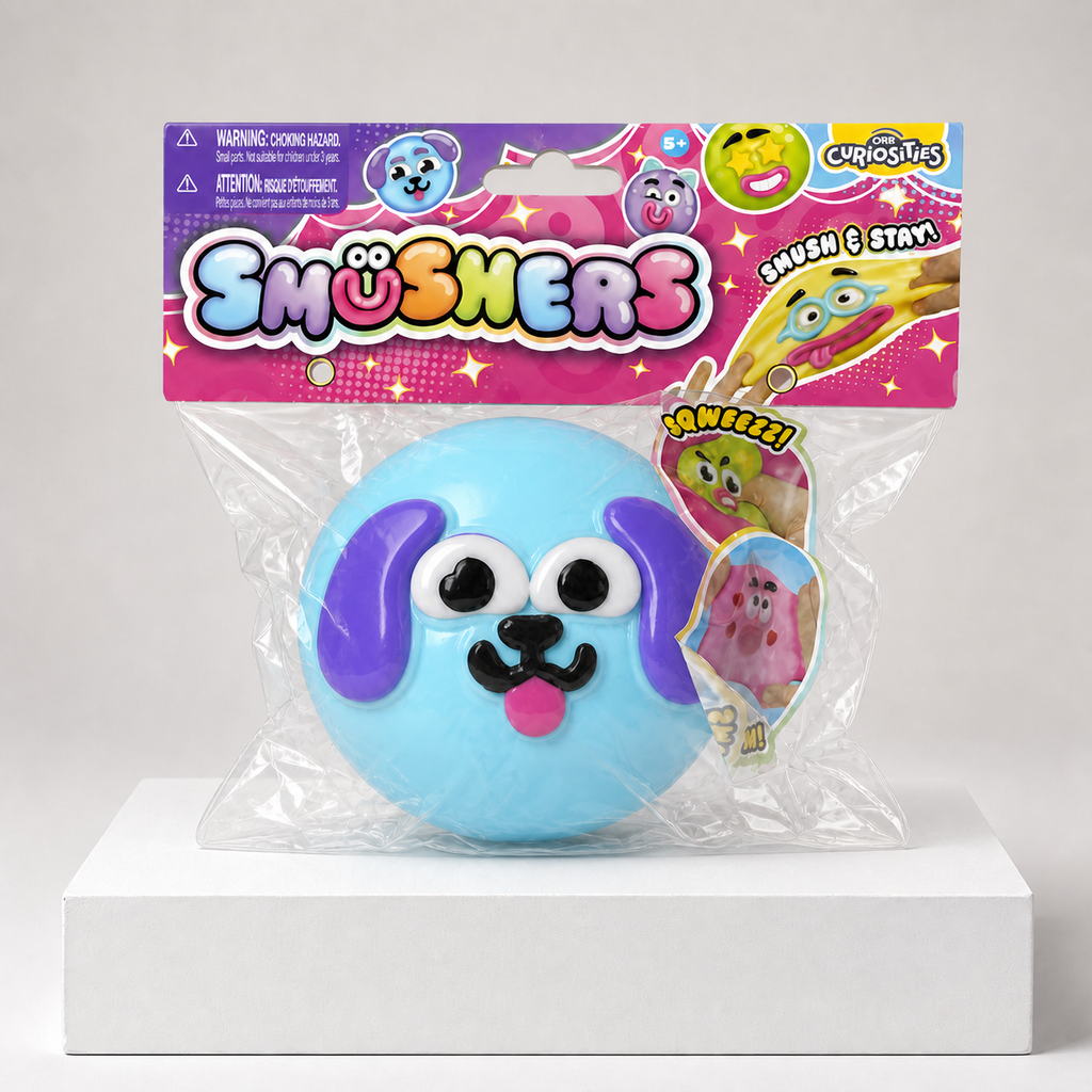 Blue Puppy ORB Curiosities Smushers Squishy Toy in centered retail packaging