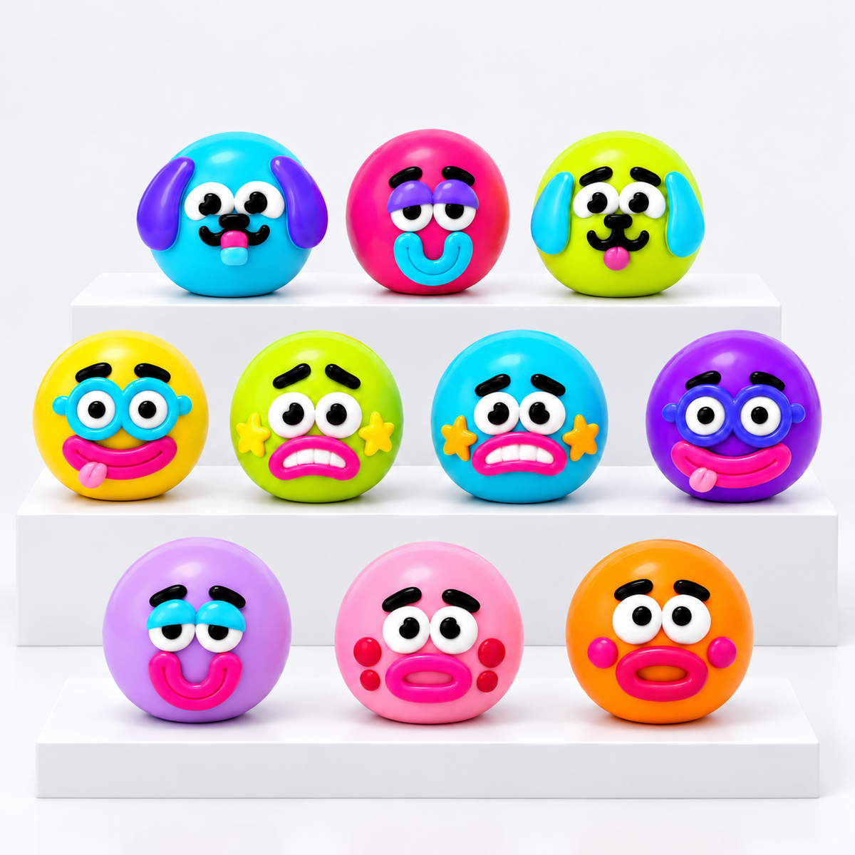 ORB Curiosities Smushers – ten colourful characters on white studio display tiers