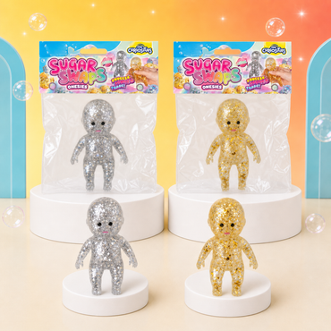 Silver and Gold ORB Sugar Swaps Onesies packages with matching glitter babies on podiums