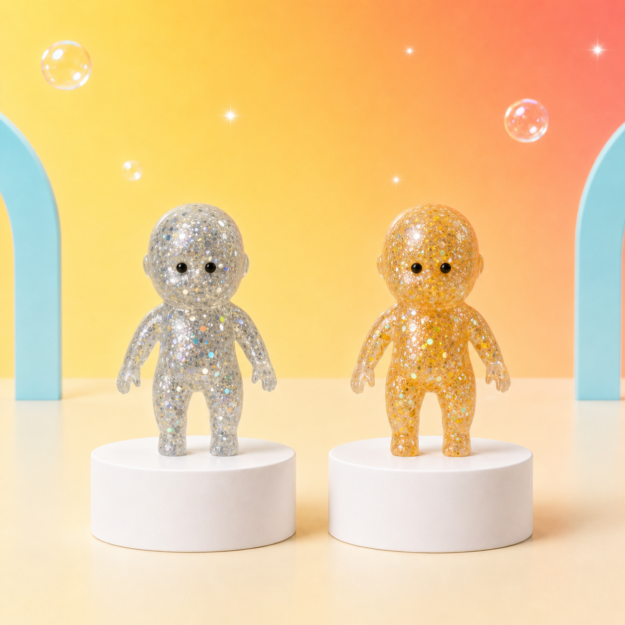 Silver and Gold ORB Sugar Swaps Onesies glitter baby squishies on white podiums