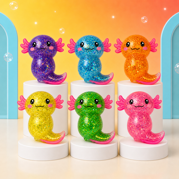 Six ORB Sugar Swaps glitter axolotl squishy toys in purple, blue, orange, yellow, green and pink