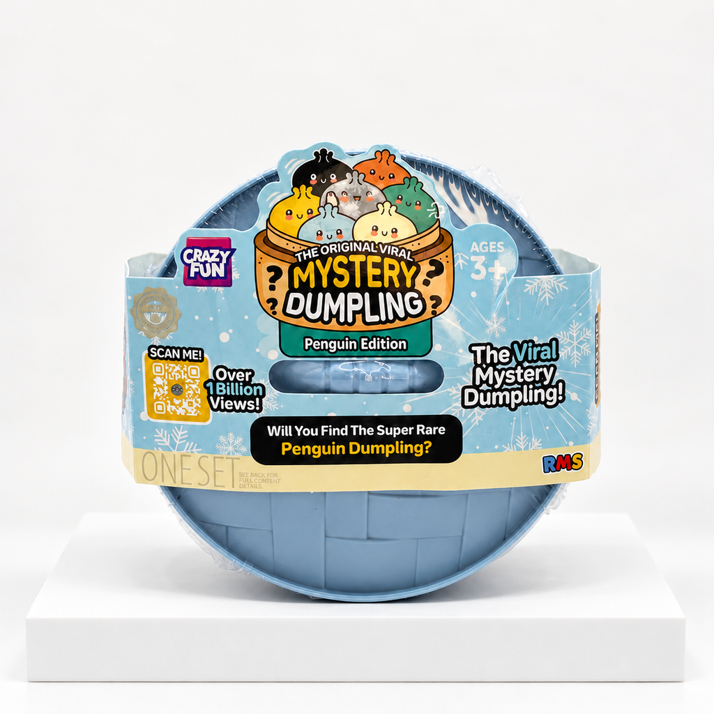 Blue round Mystery Dumpling penguin-edition container, front label view
