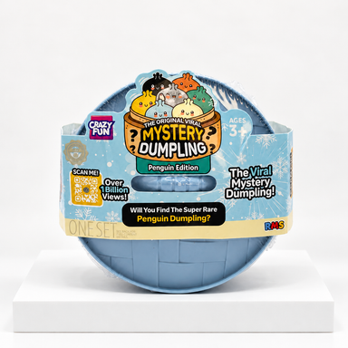 Blue round Mystery Dumpling penguin-edition container, front label view