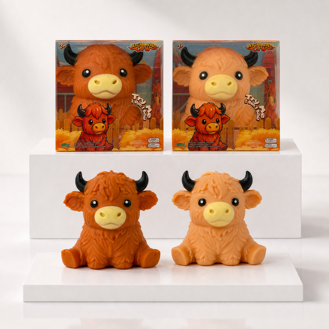 PPNC Highland Cow Brown and Light Brown packages with matching squishy toys