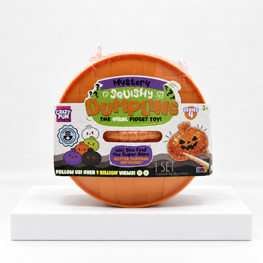 Orange Mystery Dumpling Halloween pumpkin-edition container, front label