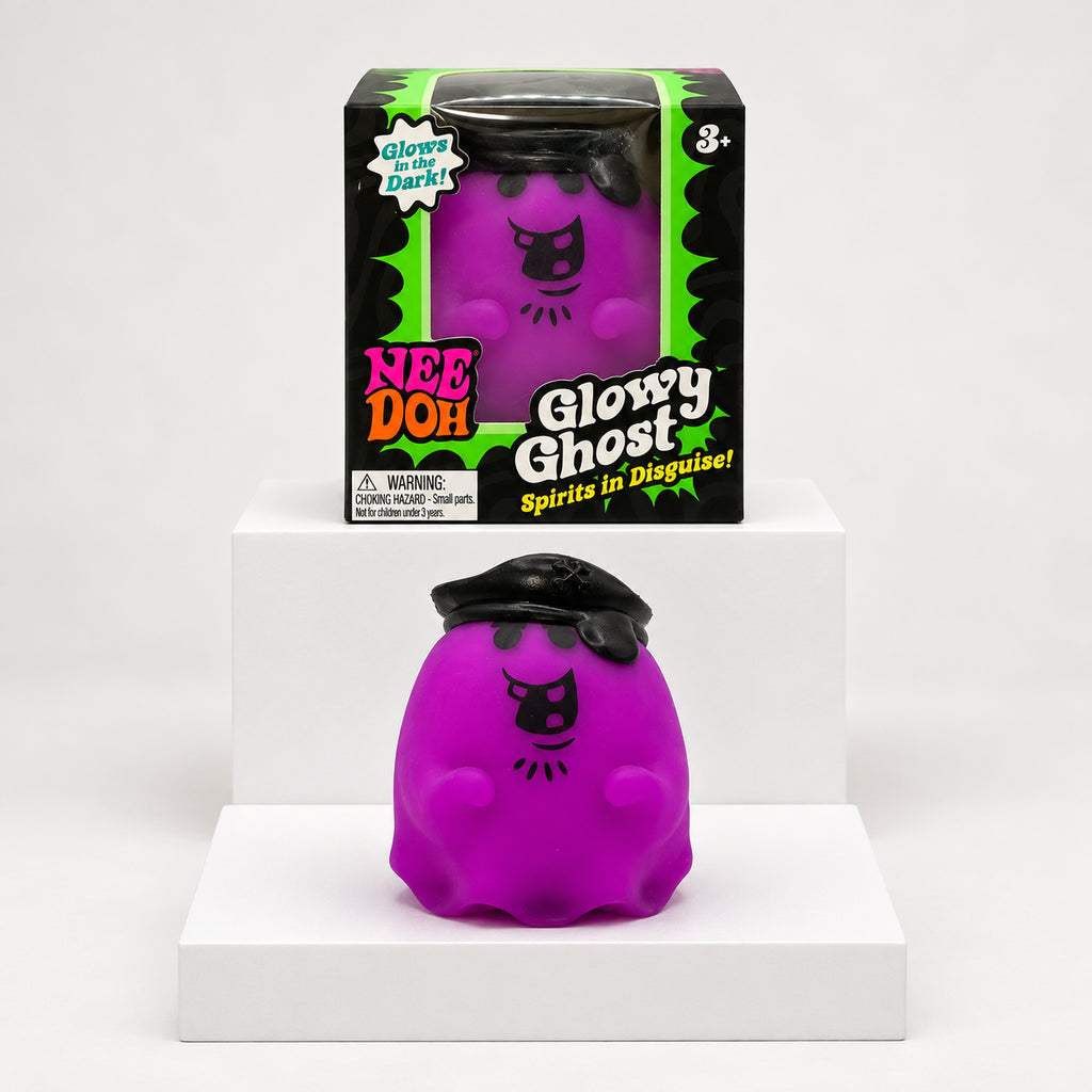 Purple NeeDoh Glowy Ghost squishy in front of its box