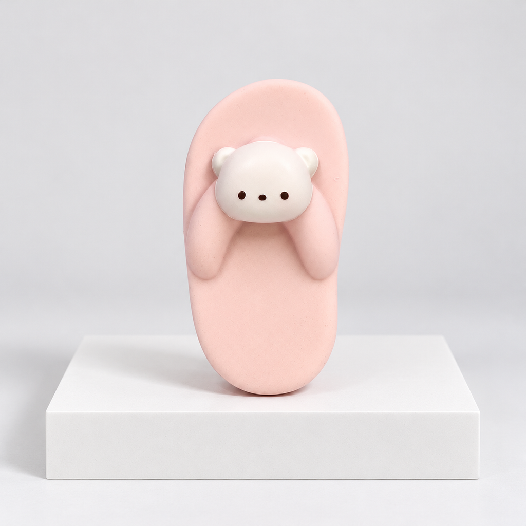 Pink slipper-shaped Nunu toy with white bear face, front view