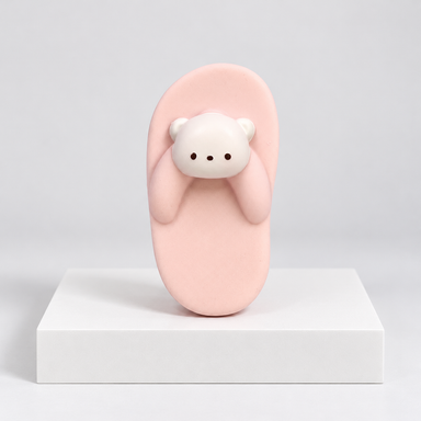 Pink slipper-shaped Nunu toy with white bear face, front view