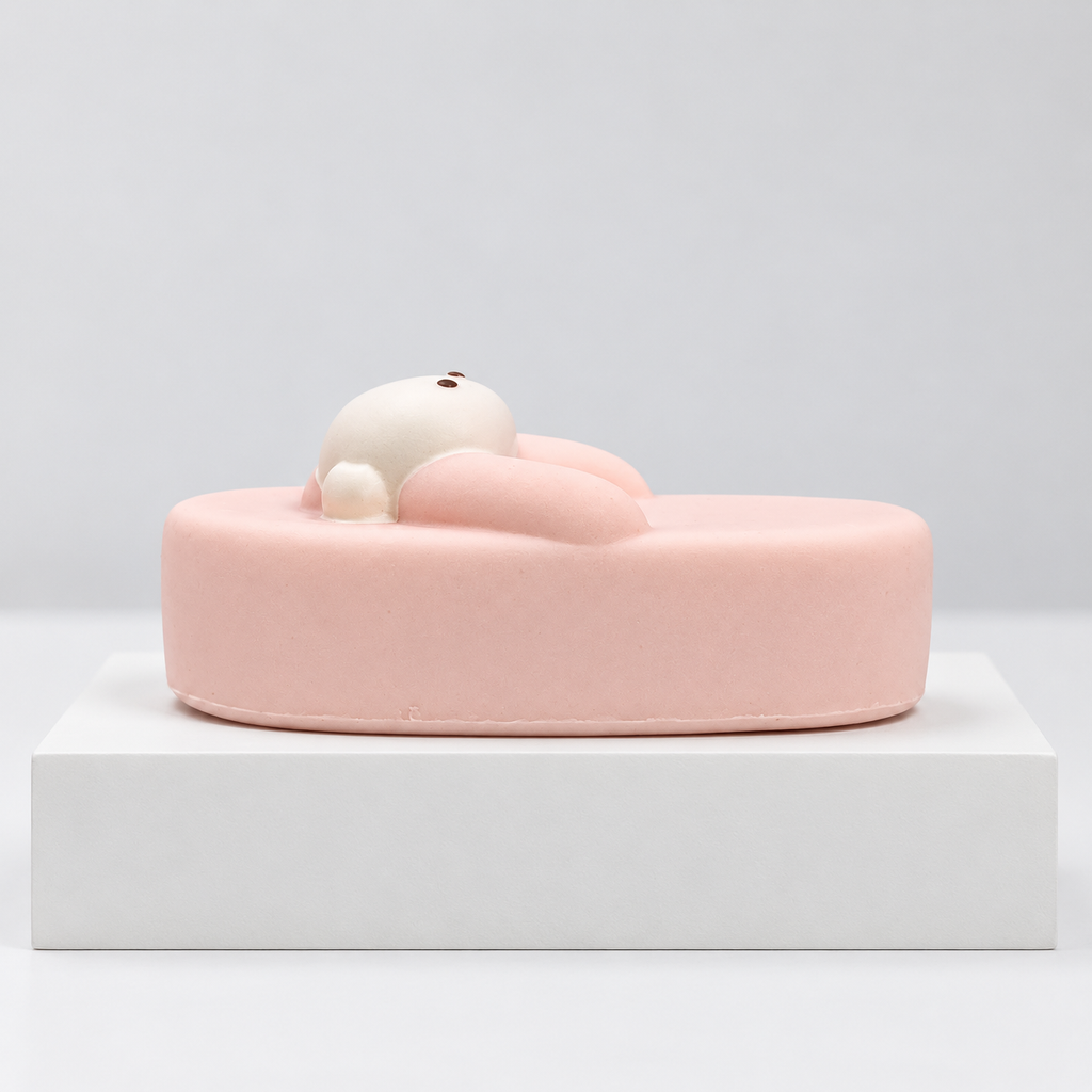 Pink Nunu bear slipper toy viewed from the side