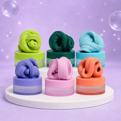 Six Speks Blur Focus Putty colours displayed on matching reusable jars