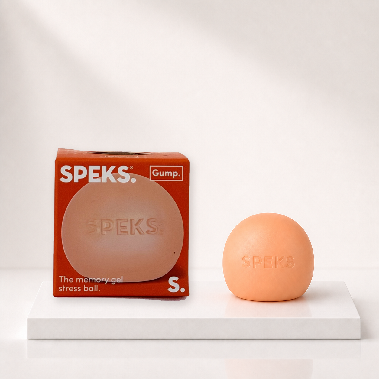 Speks Gump Memory Gel Stress Ball peach variant with packaging