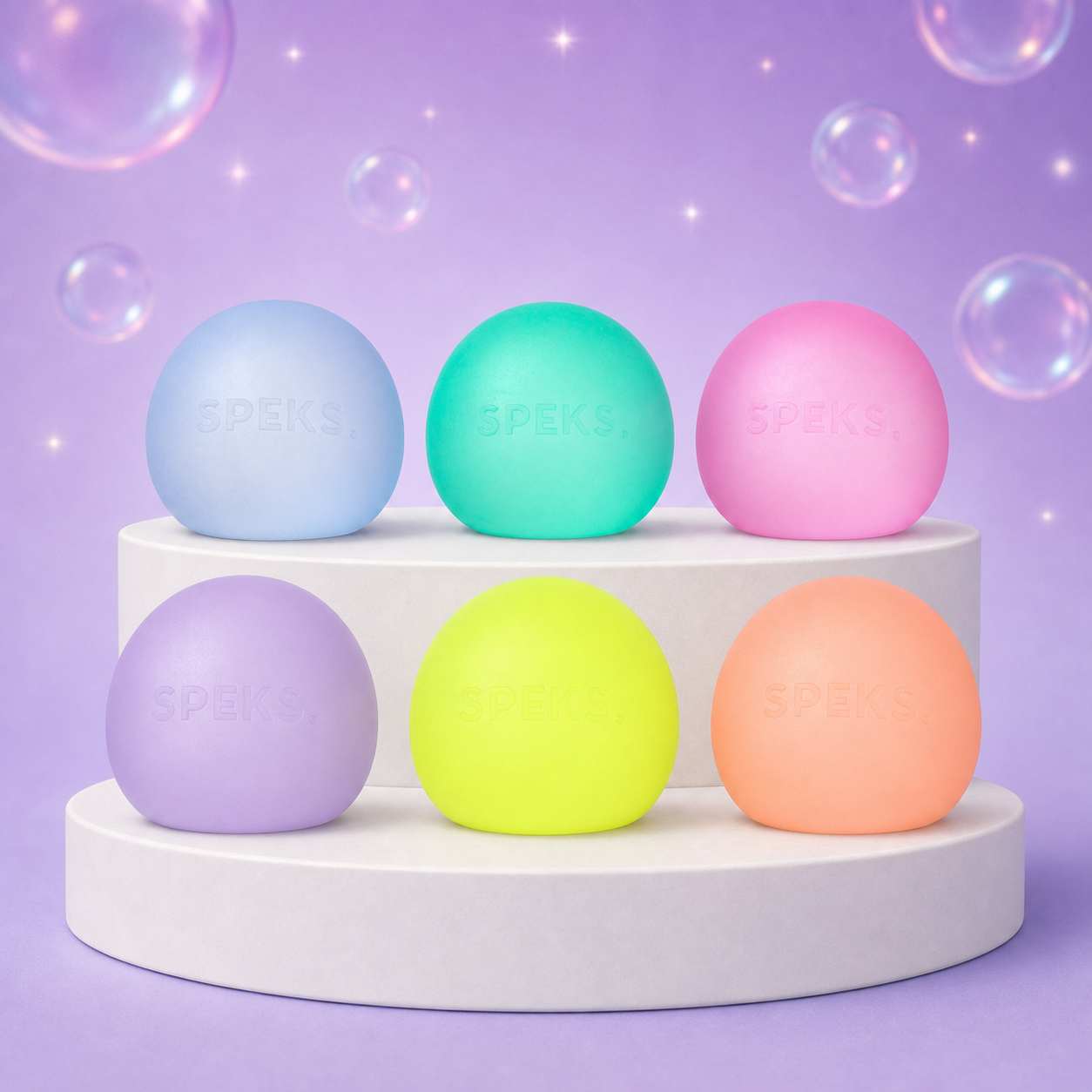 Speks Gump memory gel stress balls in six colours on white podiums