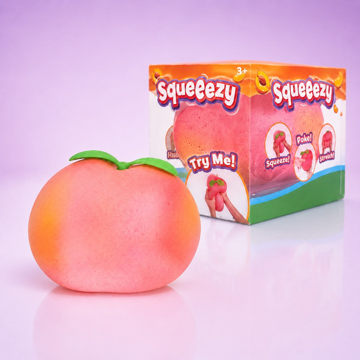 Squish Planet Sunny Days Entertainment Squeezy Peach Sensory Fidget Toy product image showing the Squeezy squishy fidget toy for online shopping.