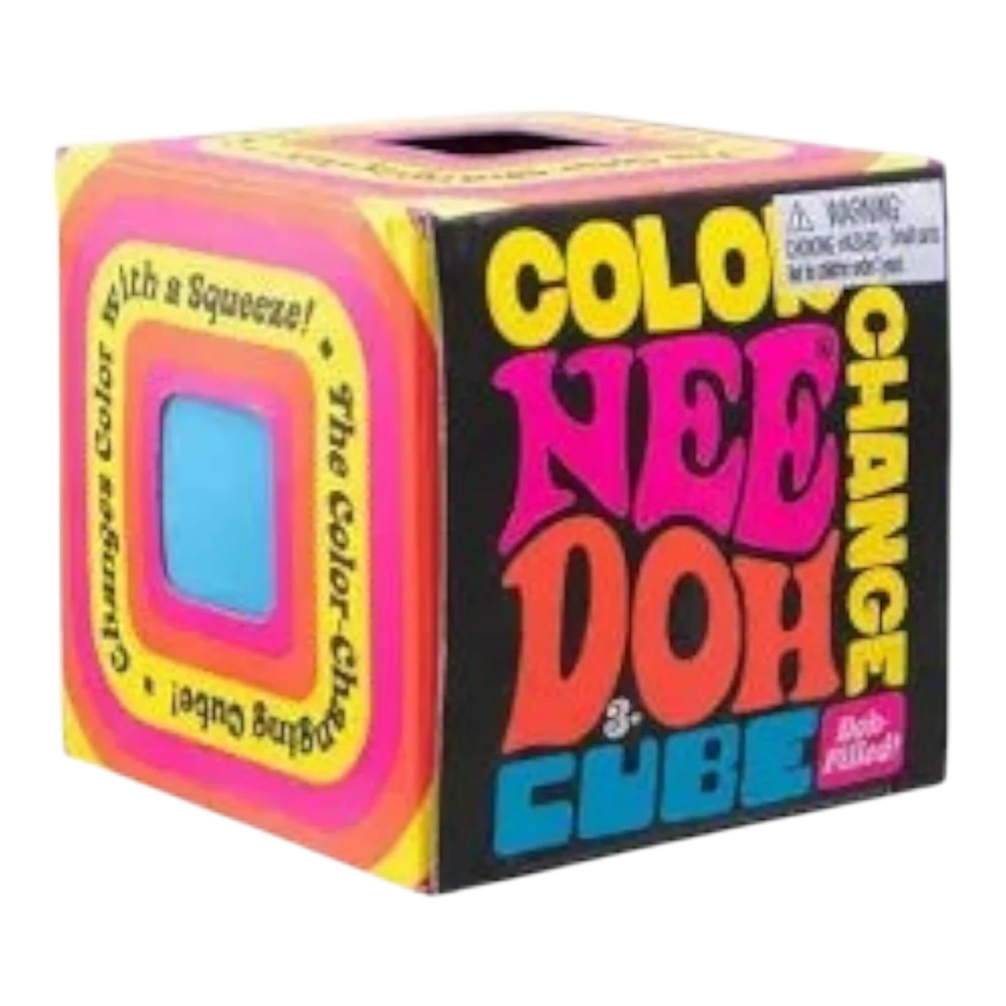 Squish Planet NeeDoh Color Changing Cube squishy fidget toy with pink, orange, and yellow concentric squares and blue center.