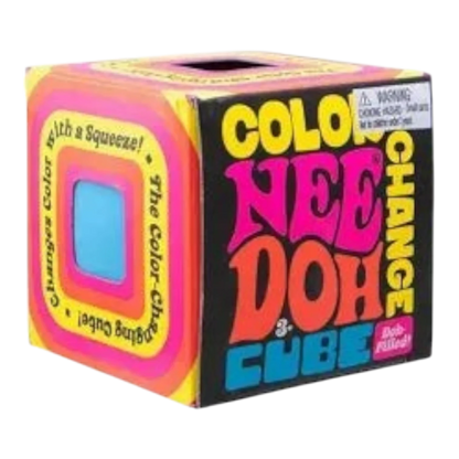 Squish Planet NeeDoh Color Changing Cube squishy fidget toy with pink, orange, and yellow concentric squares and blue center.