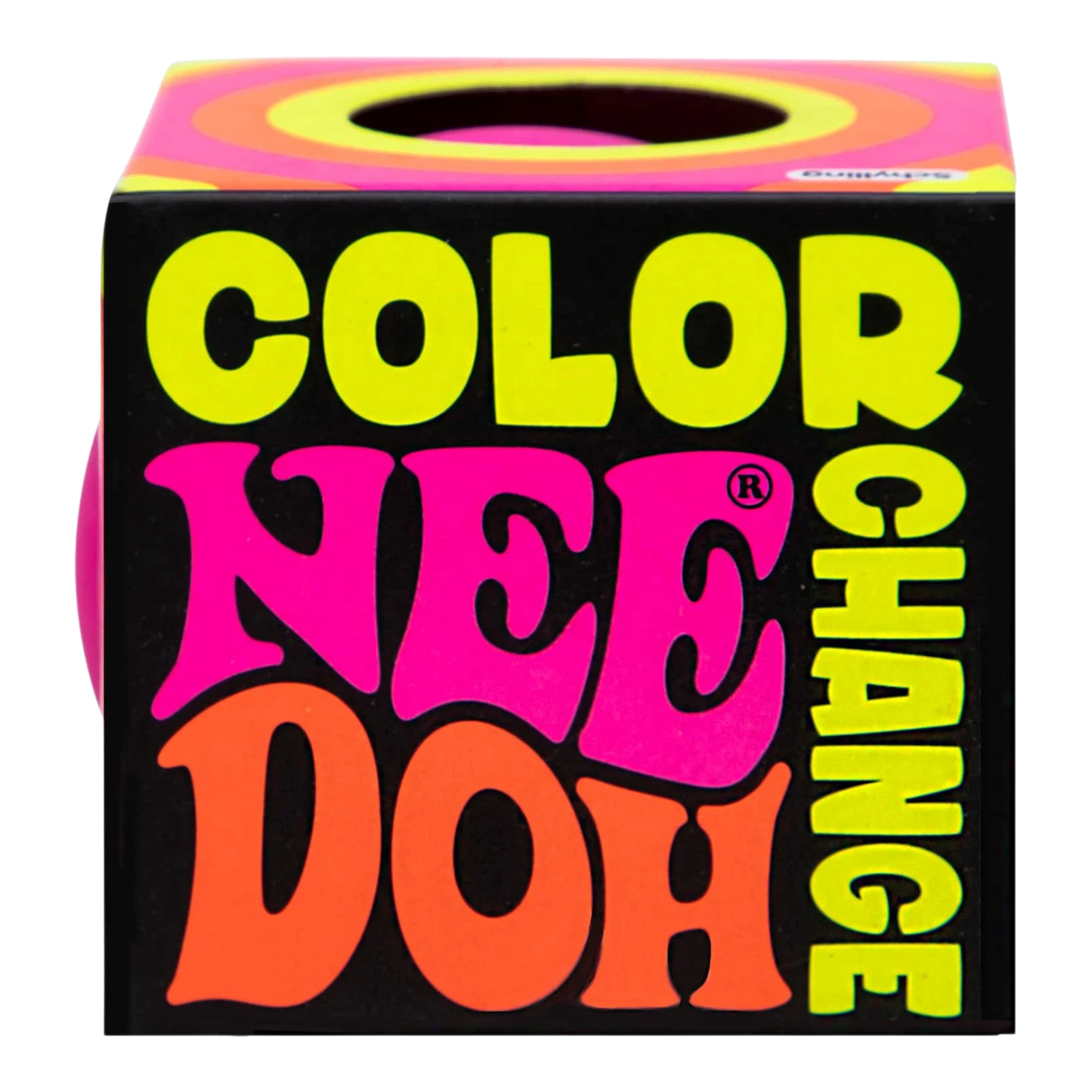 Squish Planet NeeDoh Color Changing Ball, a squishy fidget toy with neon pink, orange, and yellow text on a black background.