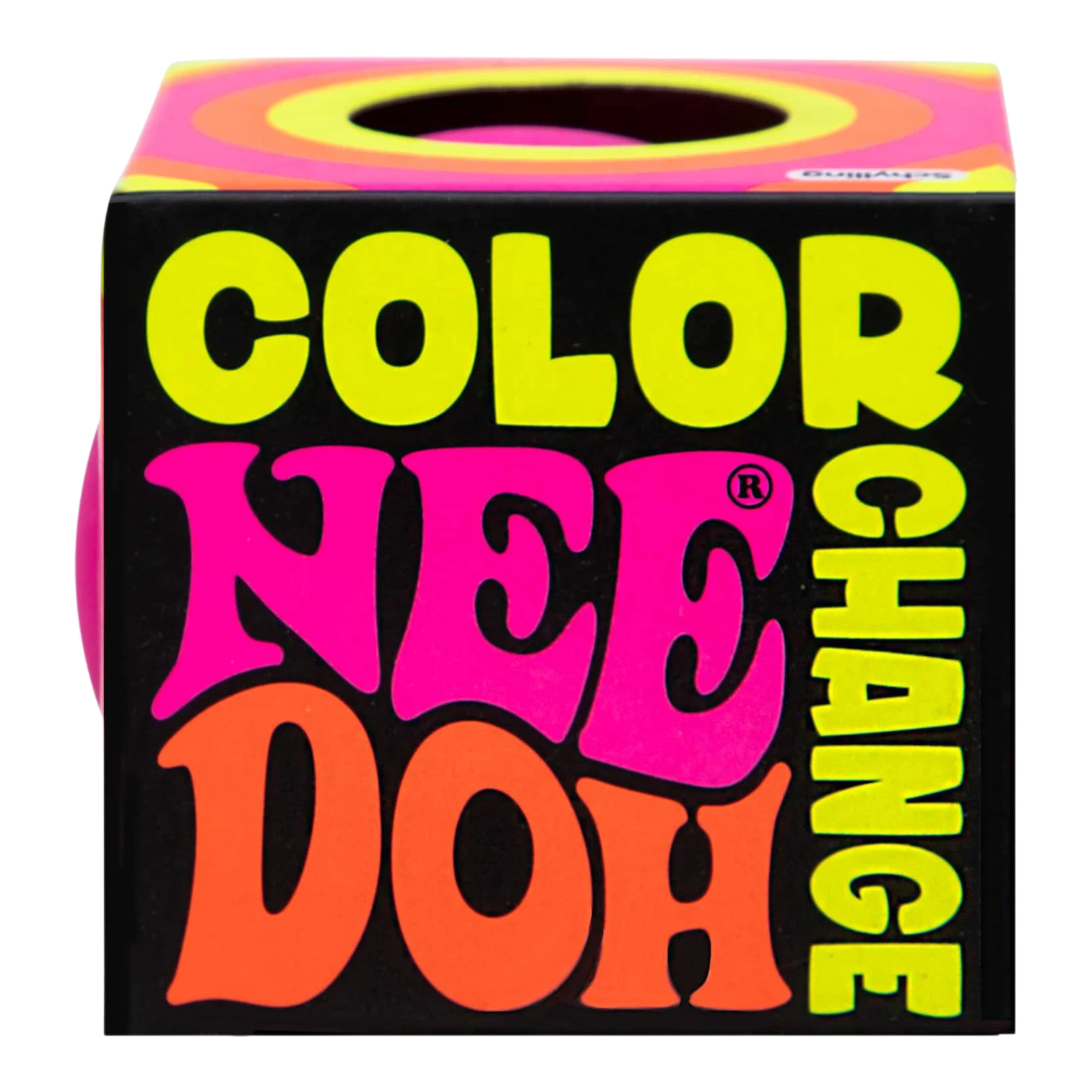 Squish Planet NeeDoh Color Changing Ball, a squishy fidget toy with neon pink, orange, and yellow text on a black background.