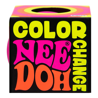 Squish Planet NeeDoh Color Changing Ball, a squishy fidget toy with neon pink, orange, and yellow text on a black background.