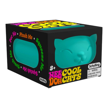 Squish Planet NeeDoh Cool Cat teal squishy fidget toy in packaging. Soft, squeezable, stress relief.
