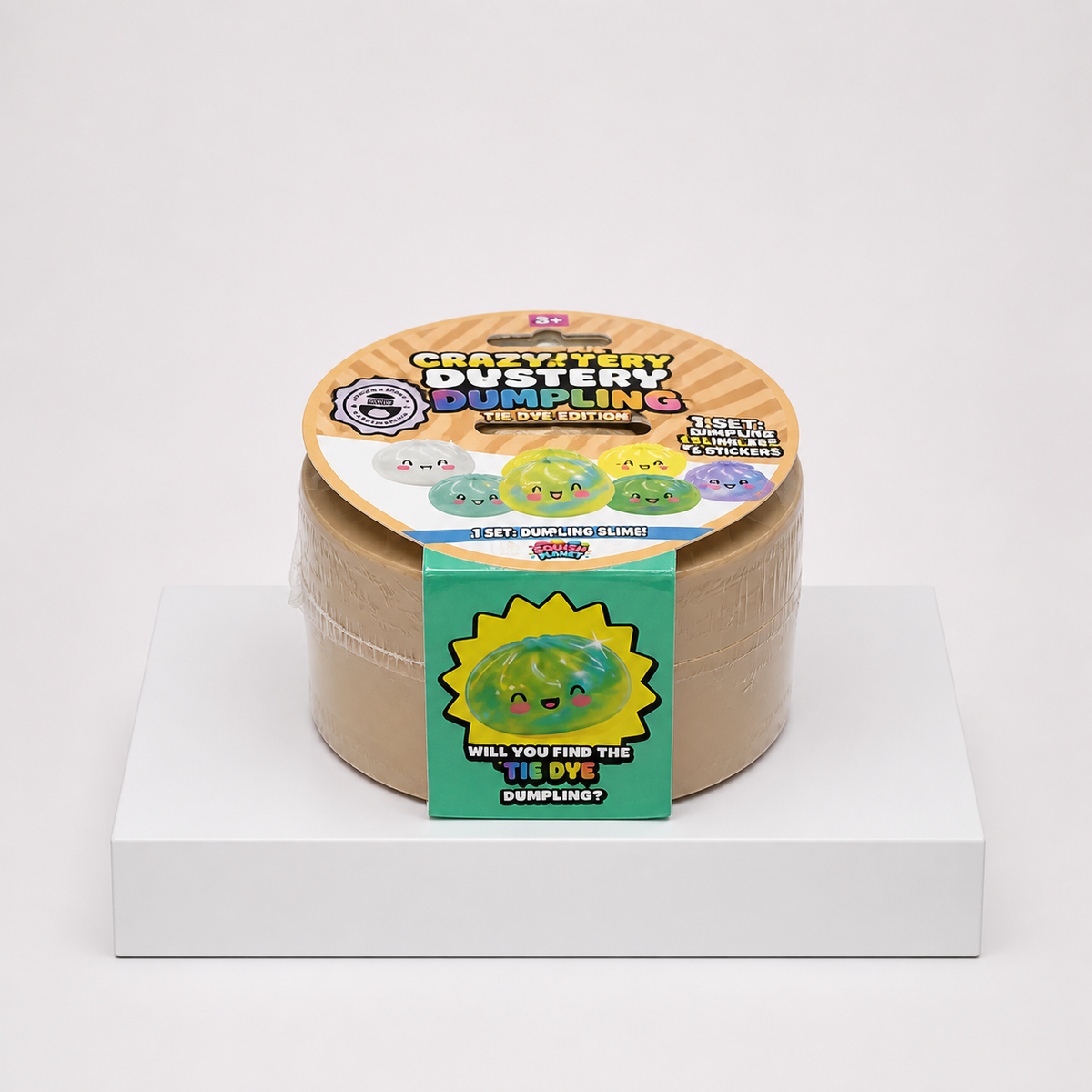 Crazy Fun Mystery Dumpling Tie Dye Edition side packaging view on white platform