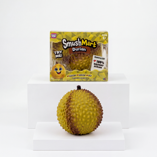 Crazy Fun Smush Mart Durian package with loose spiky durian squishy toy