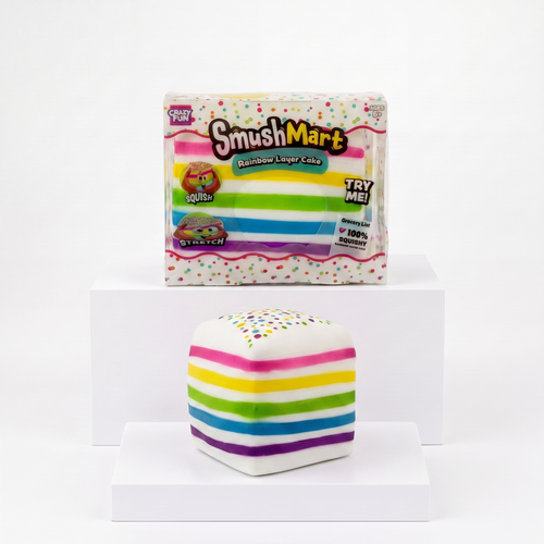 Crazy Fun Smush Mart Rainbow Layer Cake package with loose striped cake squishy toy
