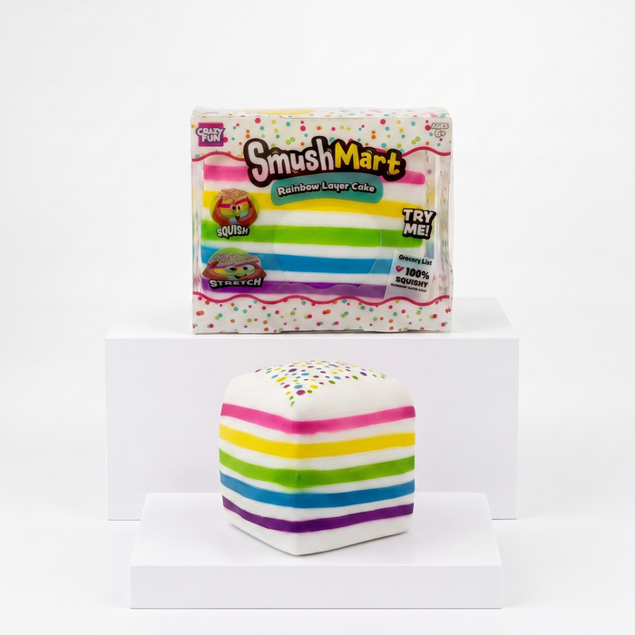 Crazy Fun Smush Mart Rainbow Layer Cake package with loose striped cake squishy toy
