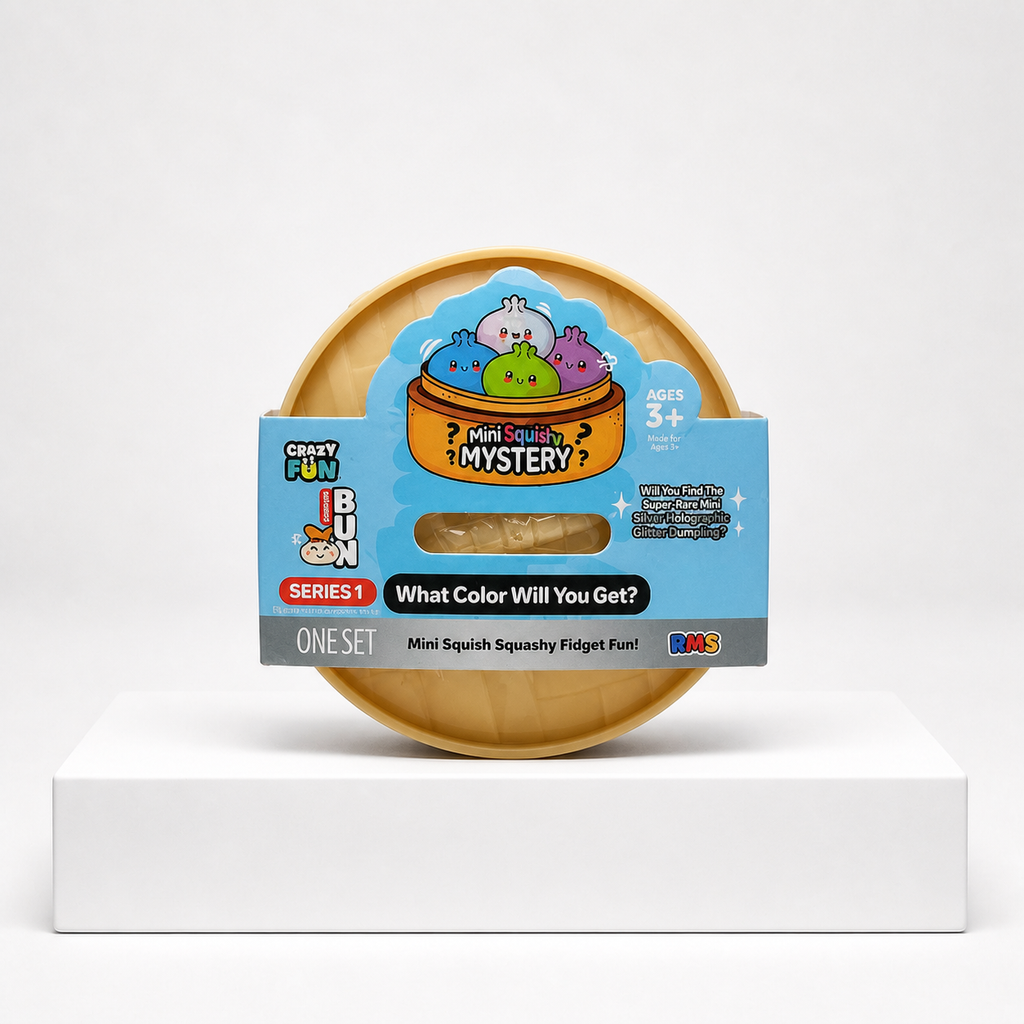 Crazy Fun Mini Mystery Dumpling blind box on the Squish Planet studio pedestal