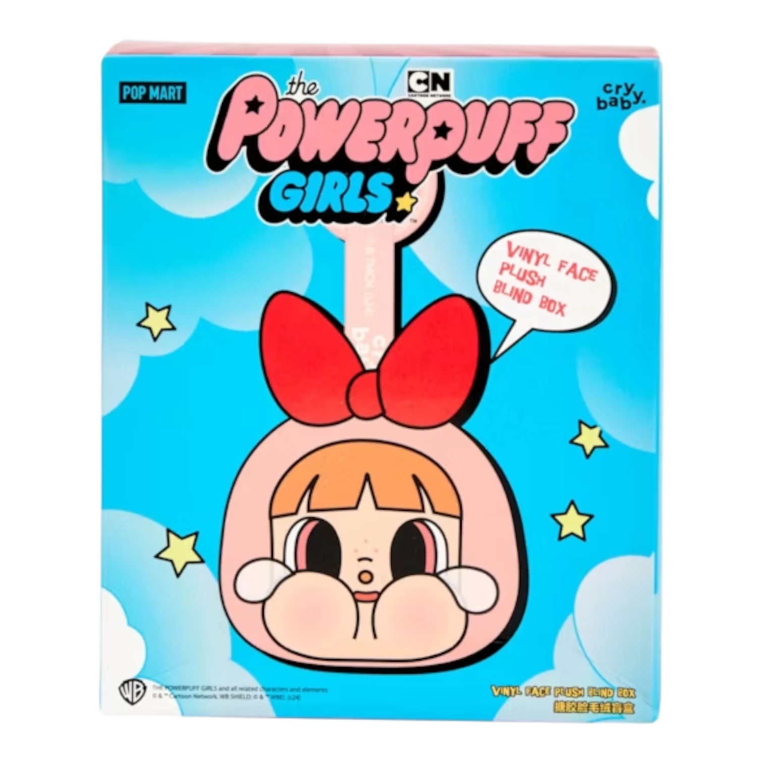 Pop Mart CryBaby x Powerpuff Girls Series vinyl face plush blind box featuring a pink character with a red bow. Collectible toy.