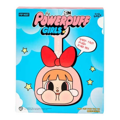 Pop Mart CryBaby x Powerpuff Girls Series vinyl face plush blind box featuring a pink character with a red bow. Collectible toy.