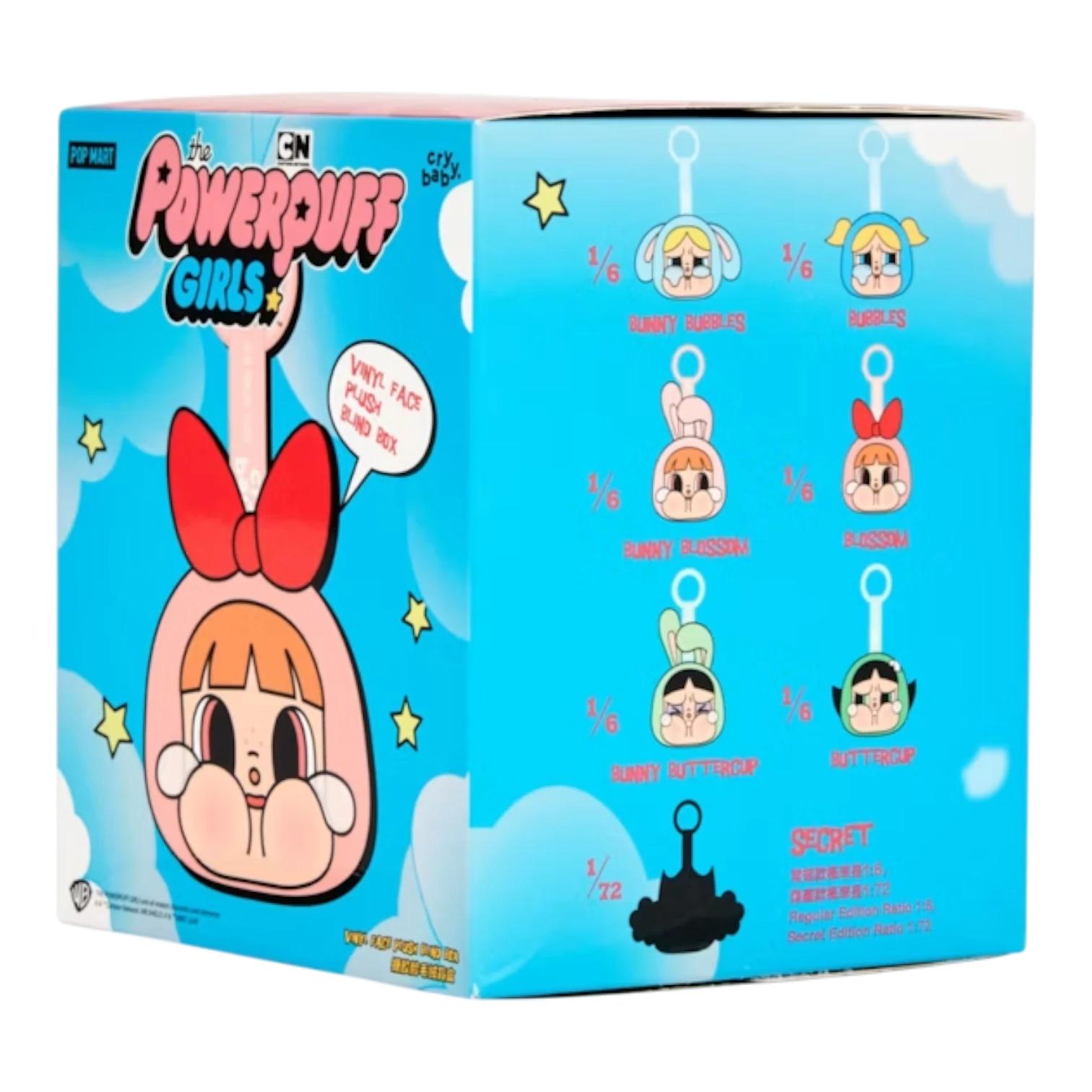 Squish Planet Pop Mart CryBaby x Powerpuff Girls blind box featuring a plush toy with a vinyl face and a red bow.