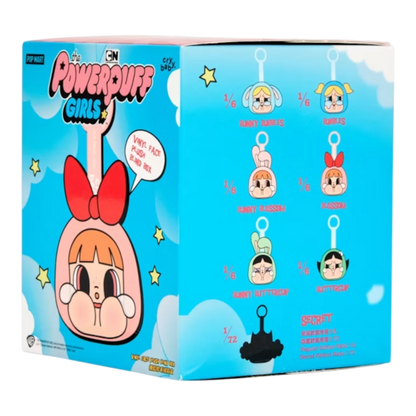 Squish Planet Pop Mart CryBaby x Powerpuff Girls blind box featuring a plush toy with a vinyl face and a red bow.