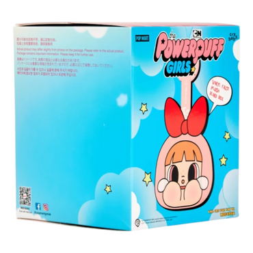 Squish Planet Pop Mart CryBaby x Powerpuff Girls blind box with vinyl face plush figure of a character in a pink hoodie with a red bow.