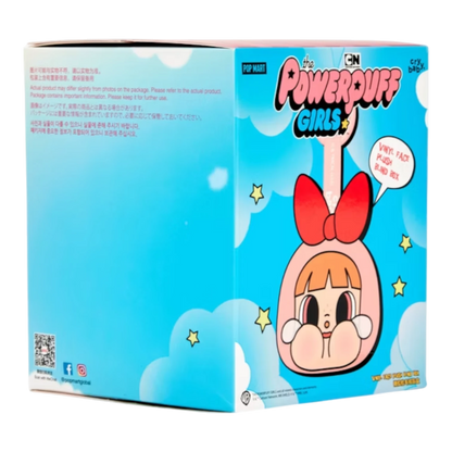 Squish Planet Pop Mart CryBaby x Powerpuff Girls blind box with vinyl face plush figure of a character in a pink hoodie with a red bow.