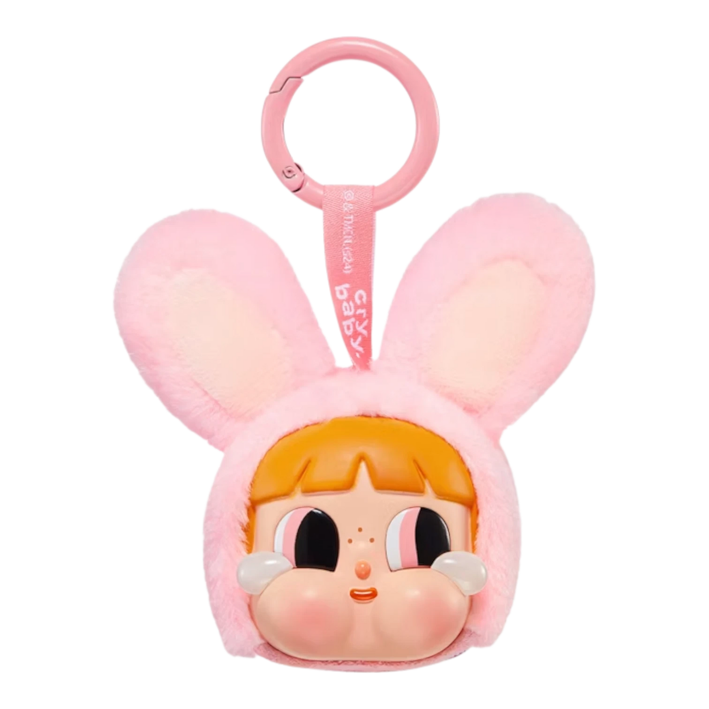 Squish Planet pink plush bunny hat figure with vinyl face, part of the CryBaby x Powerpuff Girls collection.