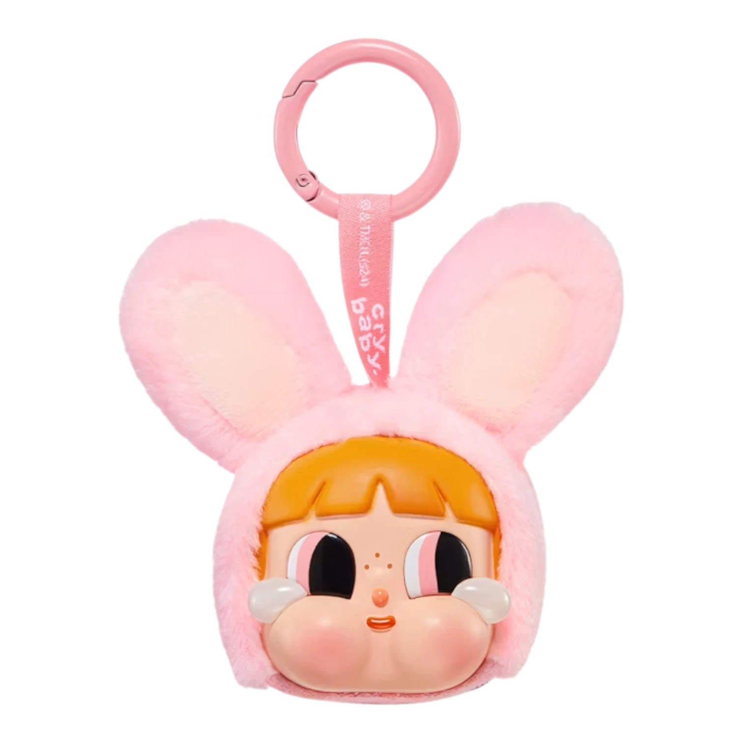 Squish Planet pink plush bunny hat figure with vinyl face, part of the CryBaby x Powerpuff Girls collection.