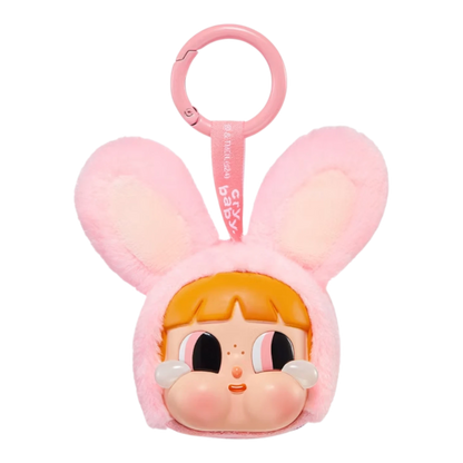 Squish Planet pink plush bunny hat figure with vinyl face, part of the CryBaby x Powerpuff Girls collection.