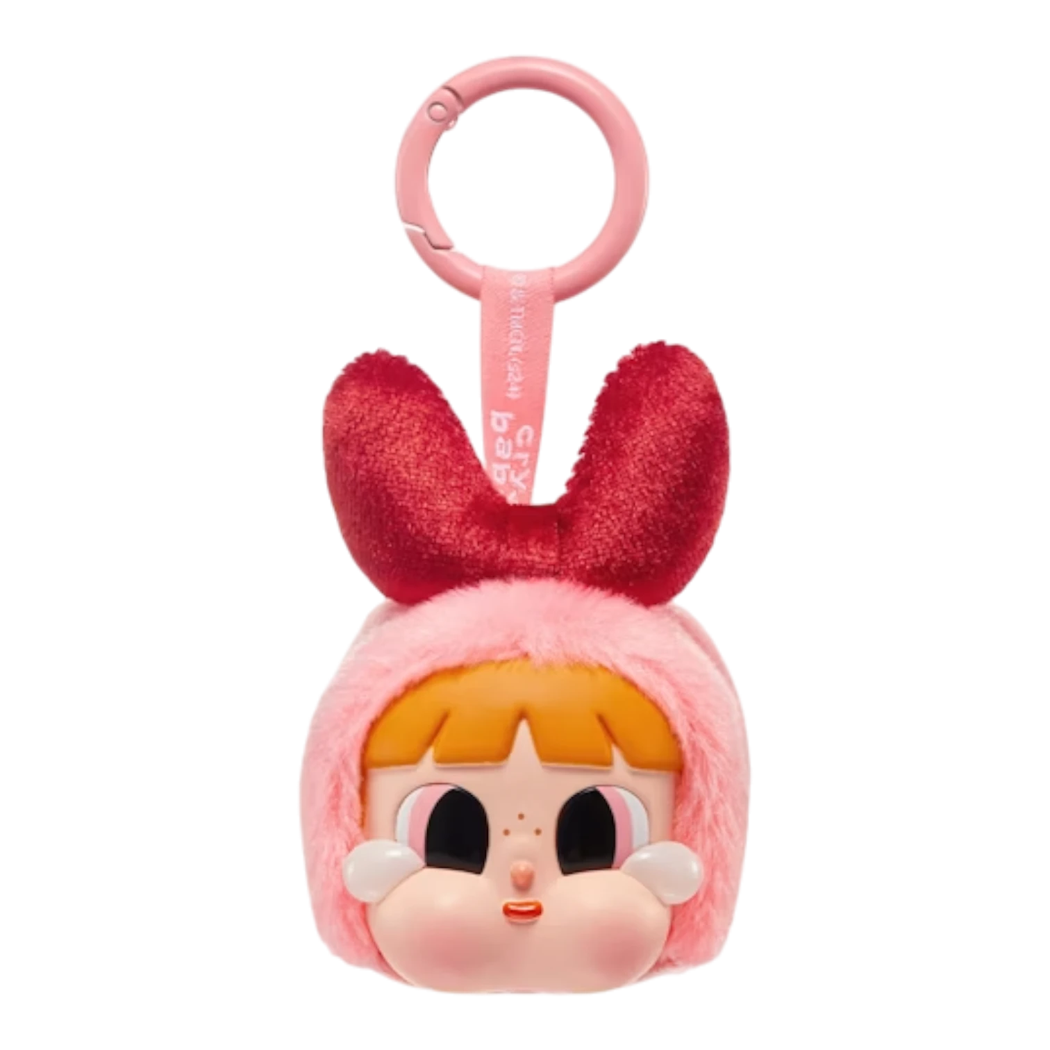 Squish Planet CryBaby x Powerpuff Girls plush toy with pink fur hood and red bow, featuring a vinyl face with large eyes and rosy cheeks.