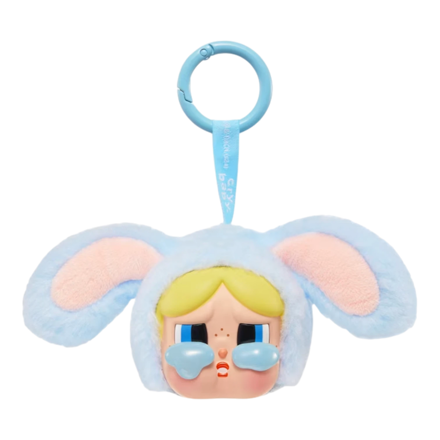 Squish Planet blue plush toy with vinyl face, featuring blonde hair, blue eyes, and bunny ears. Collectible blind box figure.