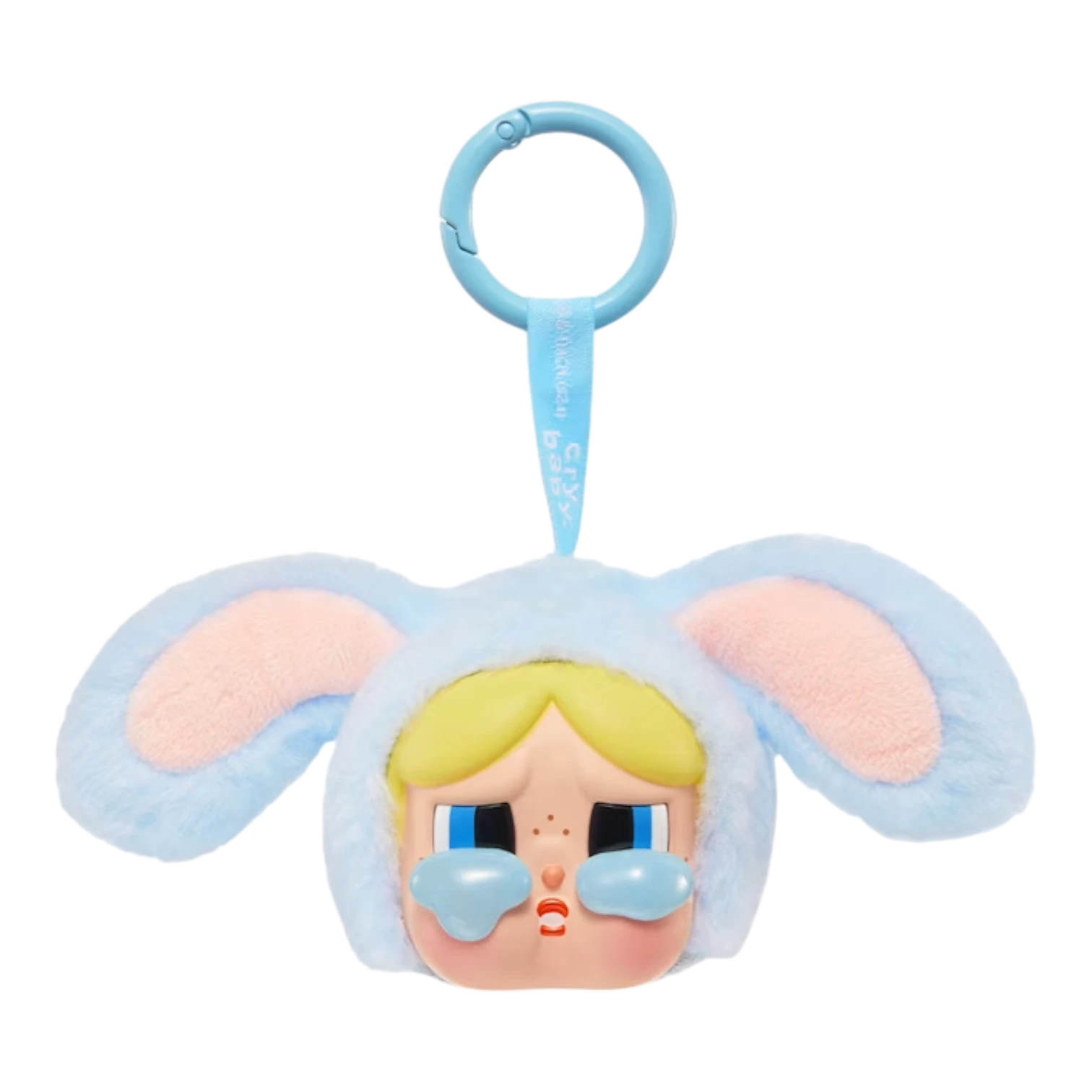 Squish Planet blue plush toy with vinyl face, featuring blonde hair, blue eyes, and bunny ears. Collectible blind box figure.