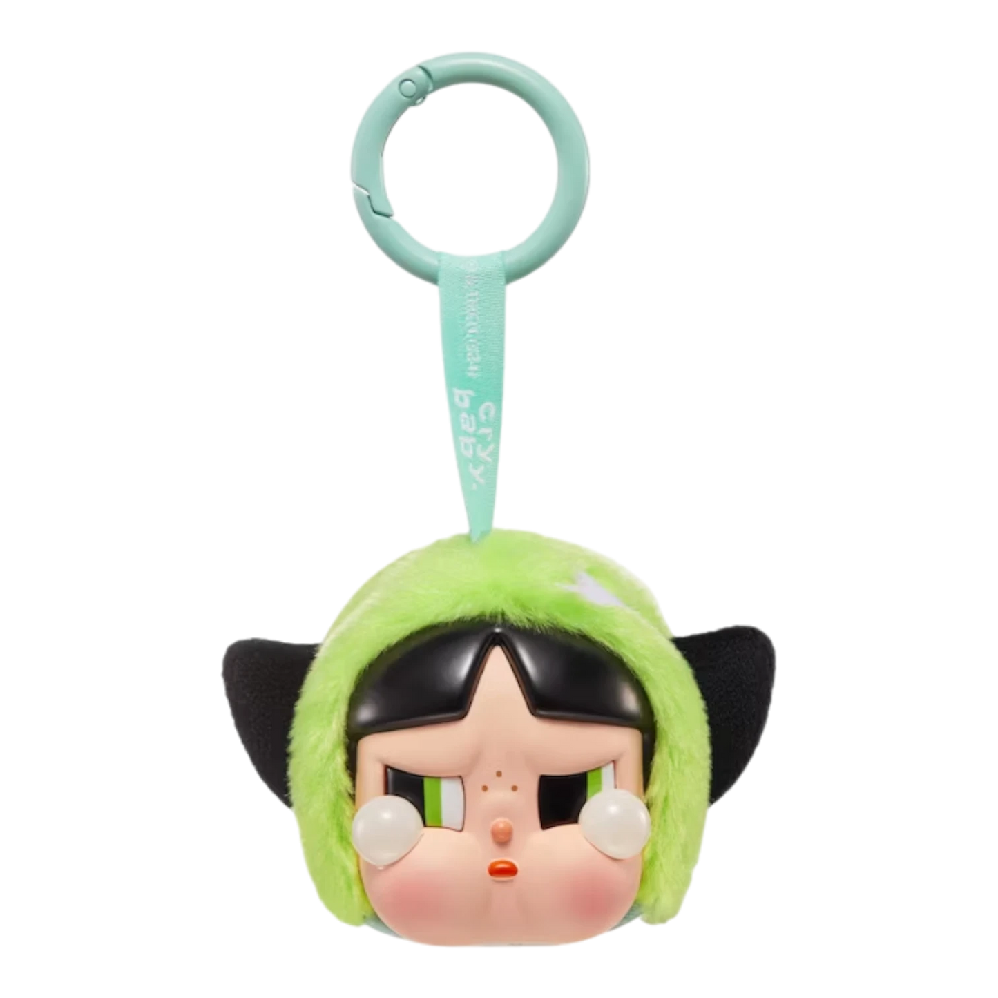 Squish Planet CryBaby x Powerpuff Girls plush toy with vinyl face, green fuzzy hood, and black cat ears.