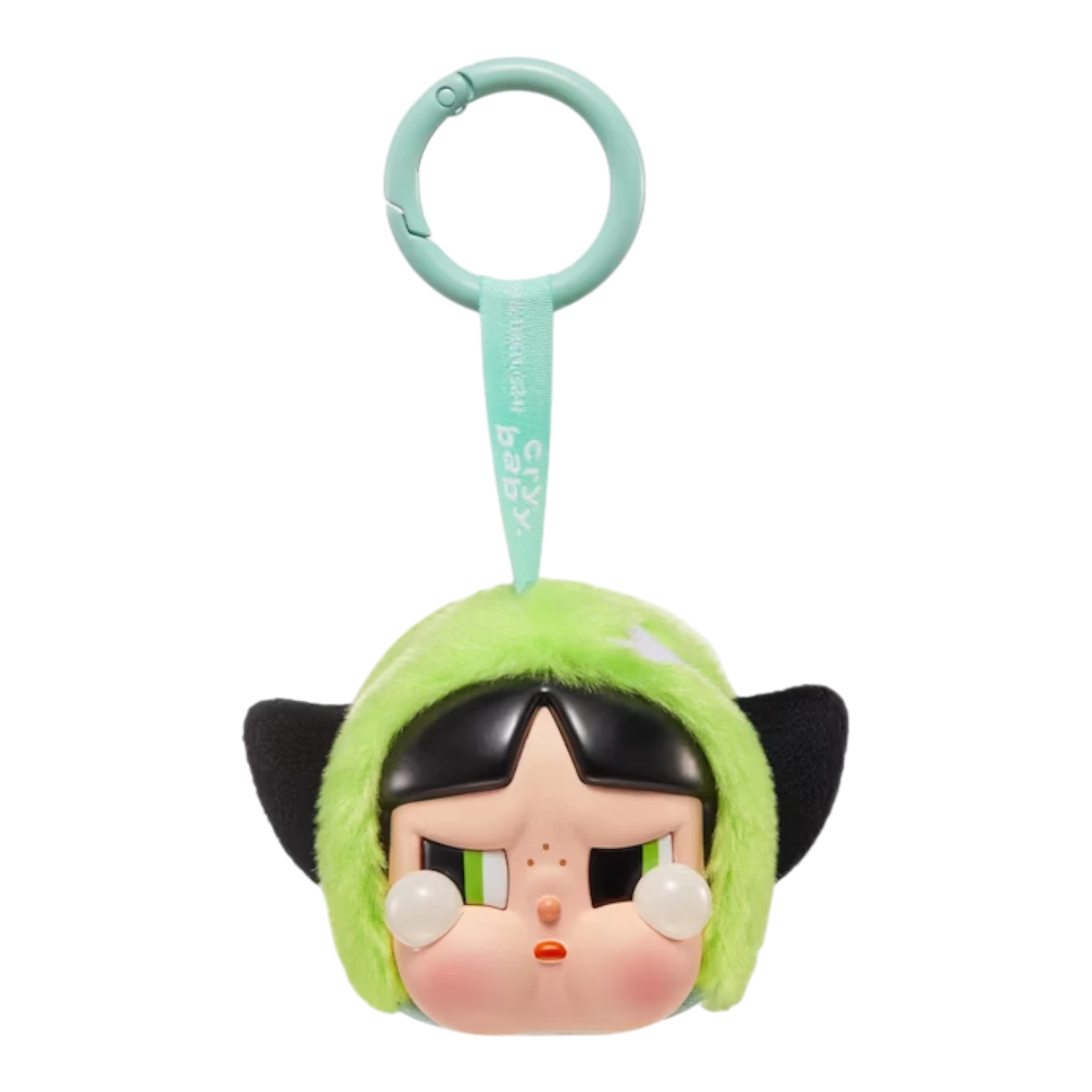 Squish Planet CryBaby x Powerpuff Girls plush toy with vinyl face, green fuzzy hood, and black cat ears.
