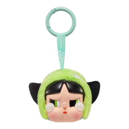 Squish Planet CryBaby x Powerpuff Girls plush toy with vinyl face, green fuzzy hood, and black cat ears.