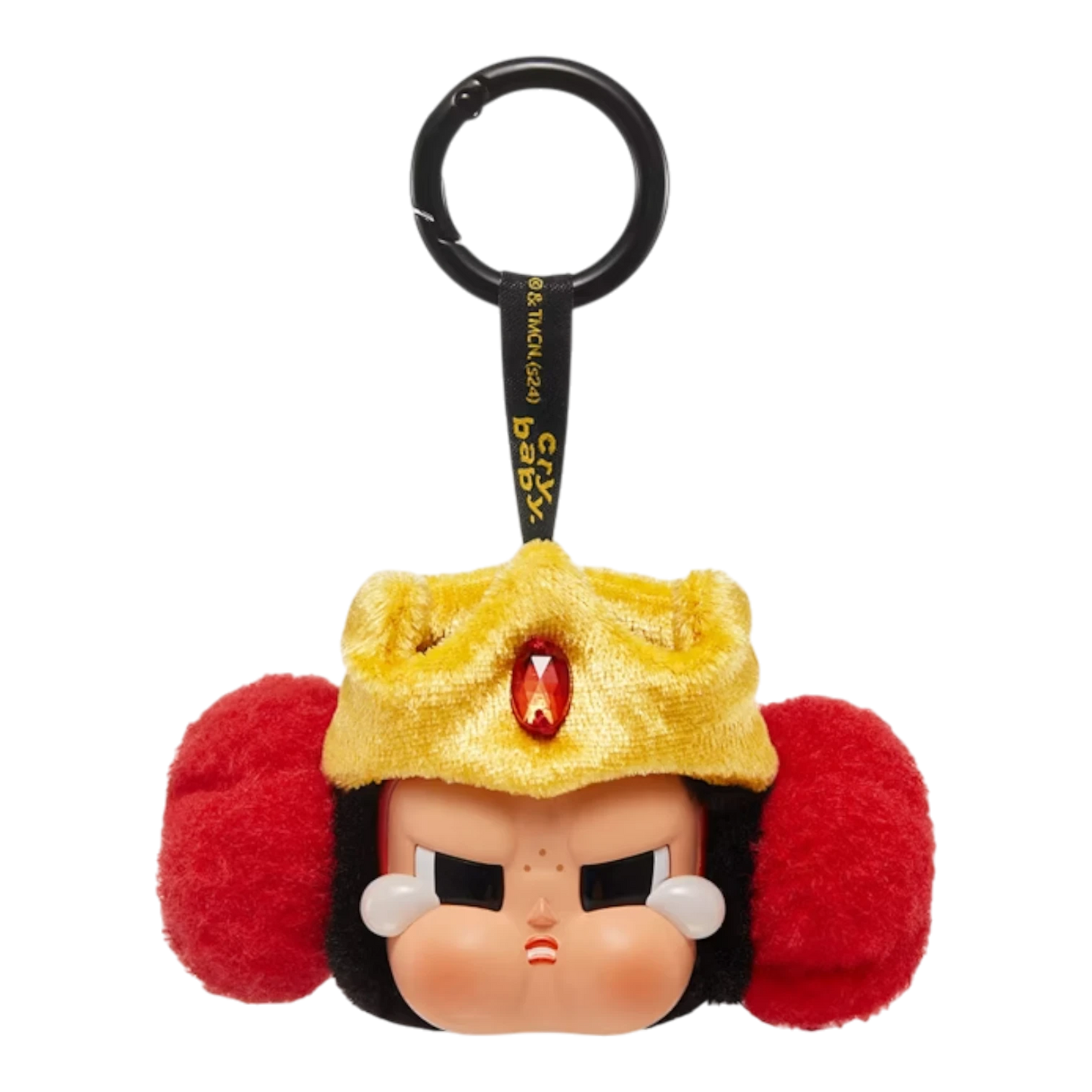 Squish Planet CryBaby x Powerpuff Girls plush toy with vinyl face, wearing a gold crown with a red gem. Features red fluffy ears and a keychain.