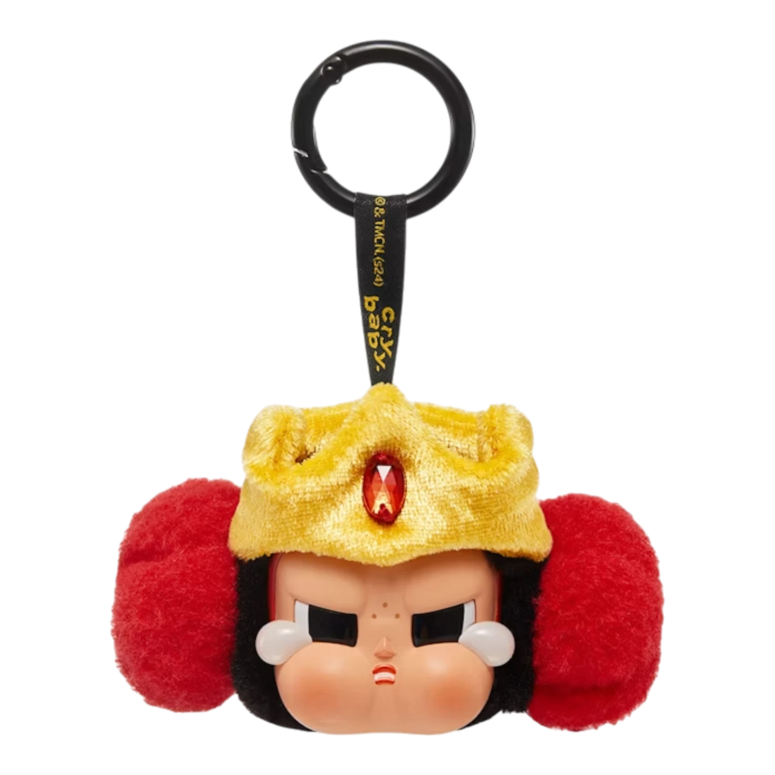 Squish Planet CryBaby x Powerpuff Girls plush toy with vinyl face, wearing a gold crown with a red gem. Features red fluffy ears and a keychain.