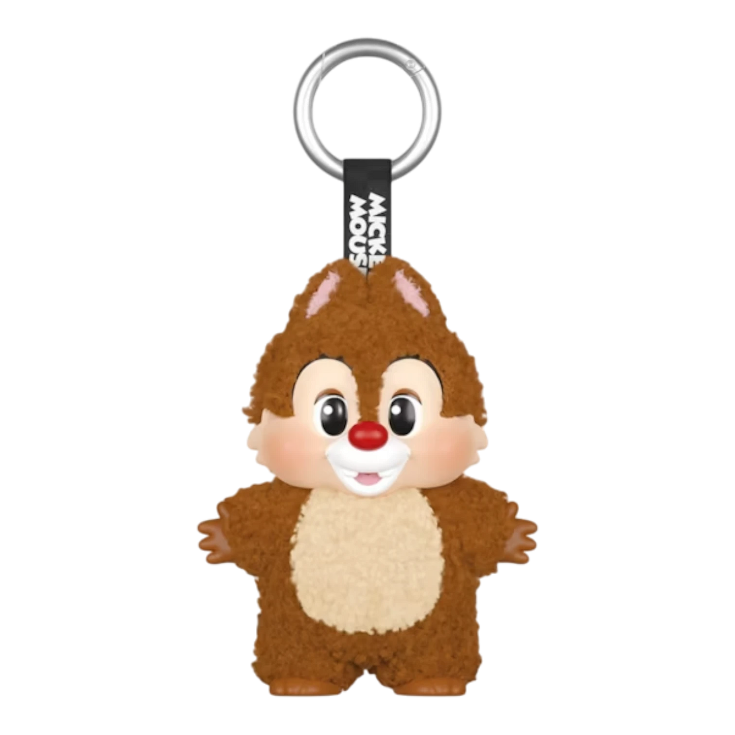 Squish Planet Disney Mickey Family plush keychain of Chip, a brown chipmunk with a red nose and white belly, attached to a metal ring.