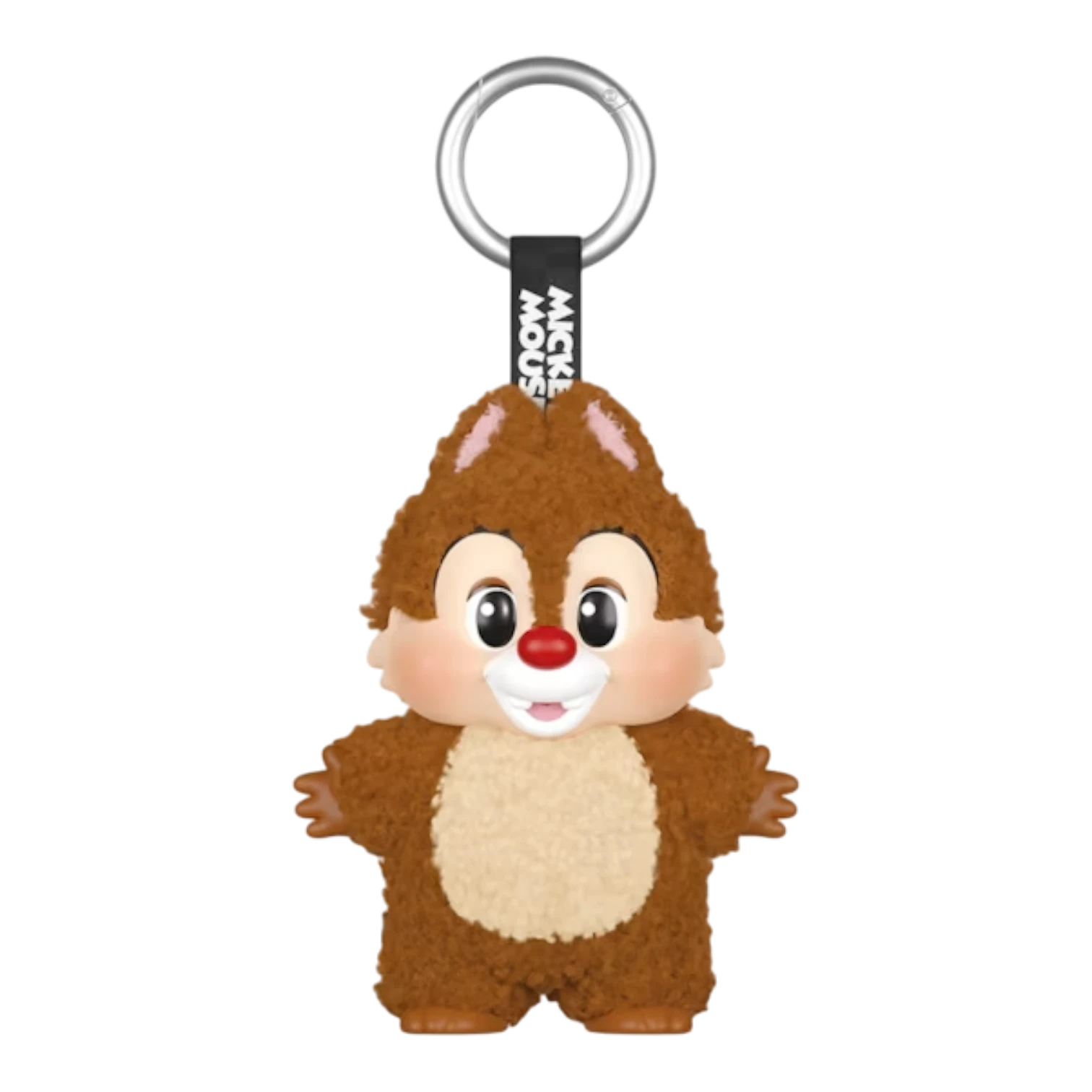 Squish Planet Disney Mickey Family plush keychain of Chip, a brown chipmunk with a red nose and white belly, attached to a metal ring.