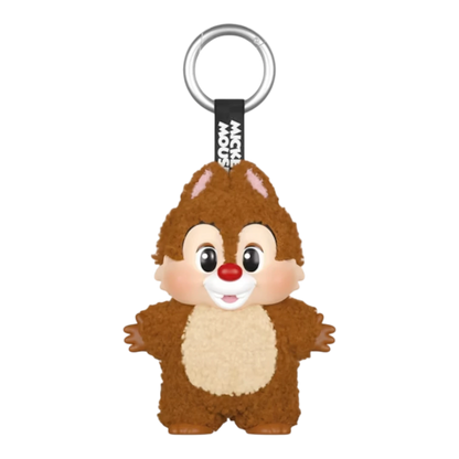 Squish Planet Disney Mickey Family plush keychain of Chip, a brown chipmunk with a red nose and white belly, attached to a metal ring.